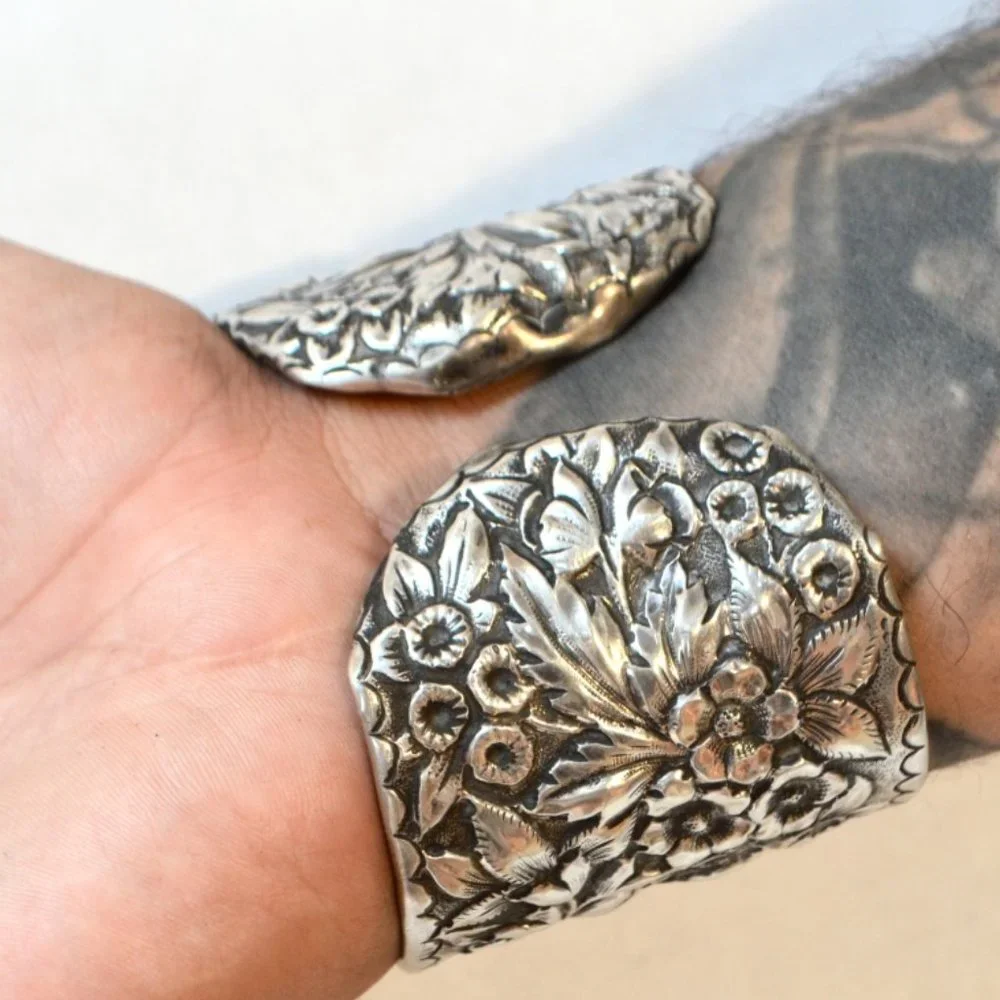 Art Nouveau Sterling Silver Floral Cuff Bracelet - Picture 4 of 12